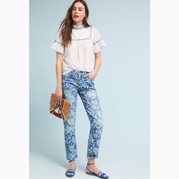 Pilcro Floral-Printed Slim Boyfriend Jeans boho fairy whimsical - Picture 1 of 16
